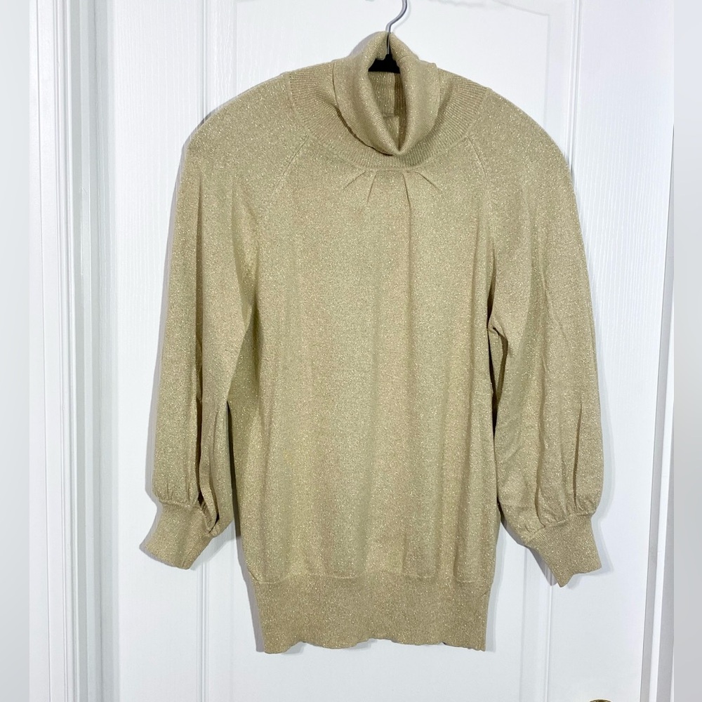 90s Express HONG KONG MADE Gold Metallic Knit Long Turtleneck Sweater VTG Large